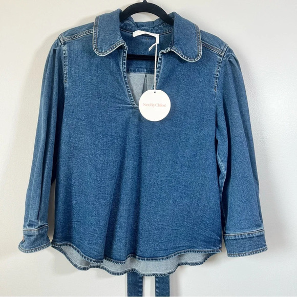 SEE BY CHLOE Tie-Neck Shirt Denim Jeans Blouse Top Preppy Puff Sleeve US 8 - Picture 9 of 16